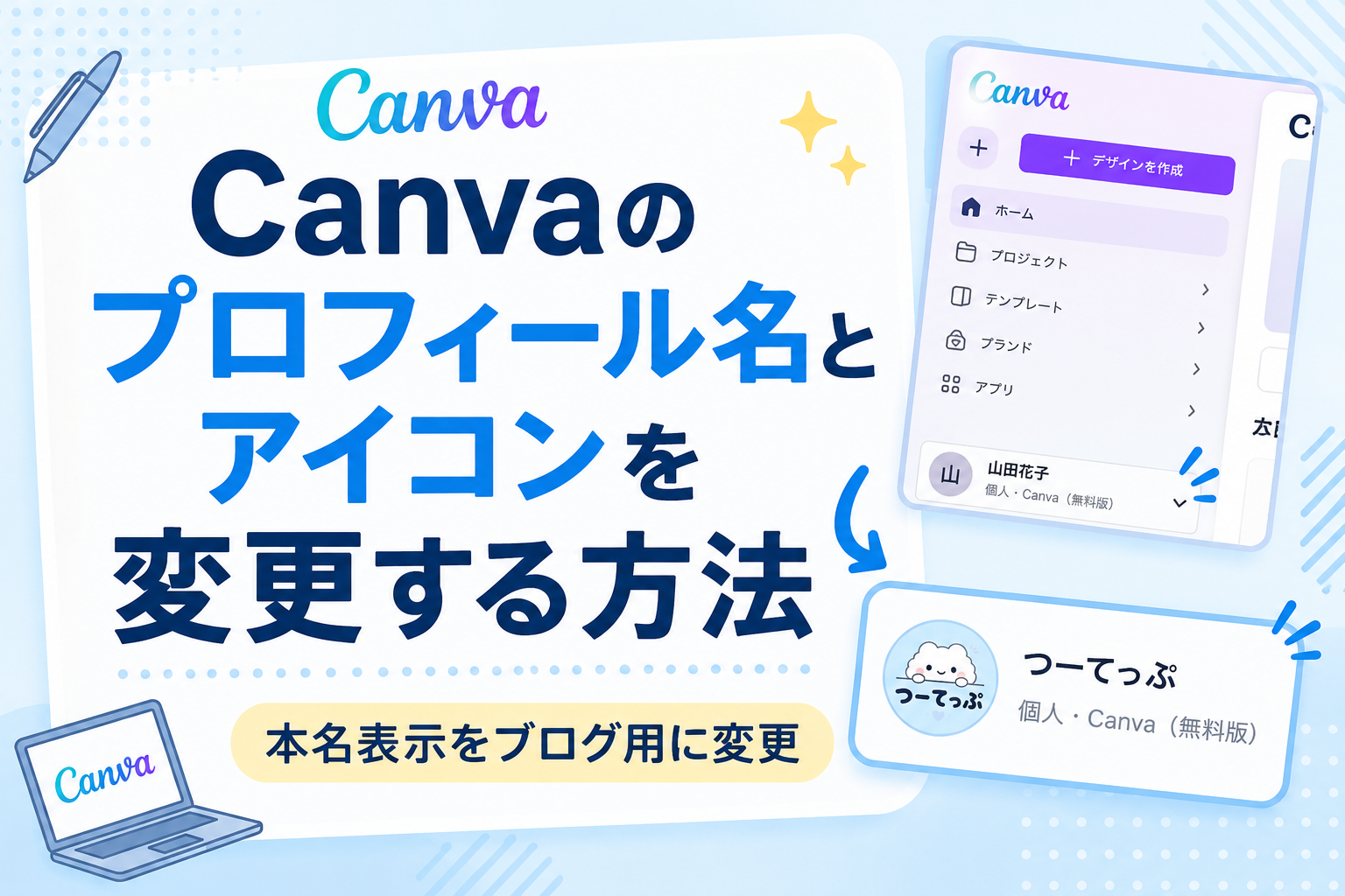 Canvaのプロフィール名とアイコンを変更する方法｜本名表示をブログ用に変更のイメージ図