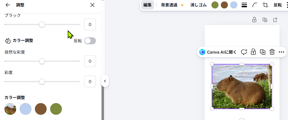 Canvaで彩度のスライダーを表示している画面