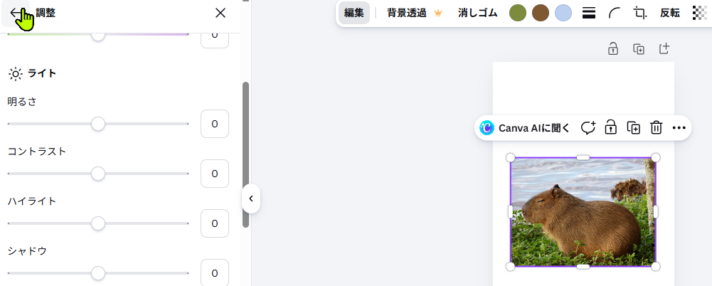 Canvaで明るさやコントラストを調整している画面