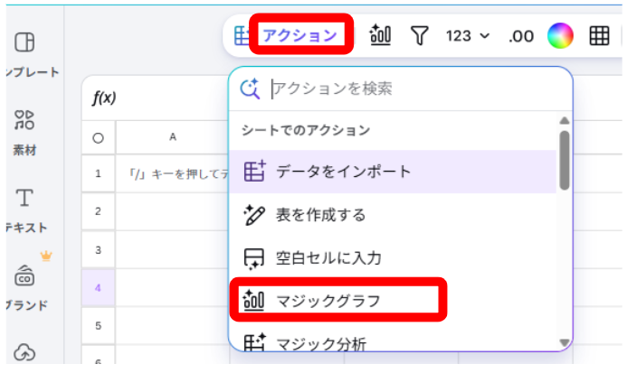 アクションメニューからマジックグラフを選択する画面