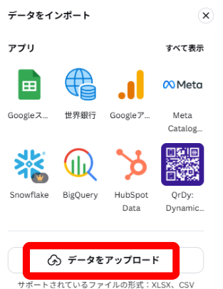 Canvaシートでデータをアップロードするボタンを表示している画面