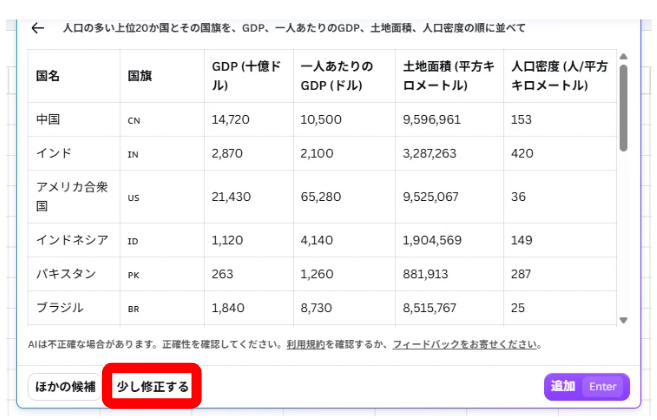 少し修正するボタンが表示された表編集画面