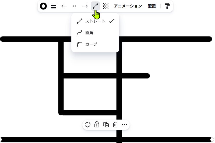 Canvaで線を直角に曲げる設定をしている画面