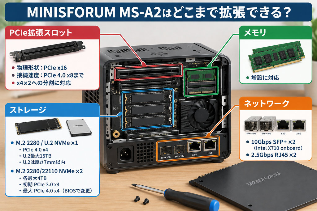 MS-A2のPCIe・ストレージ・ネットワークの拡張仕様を示した図