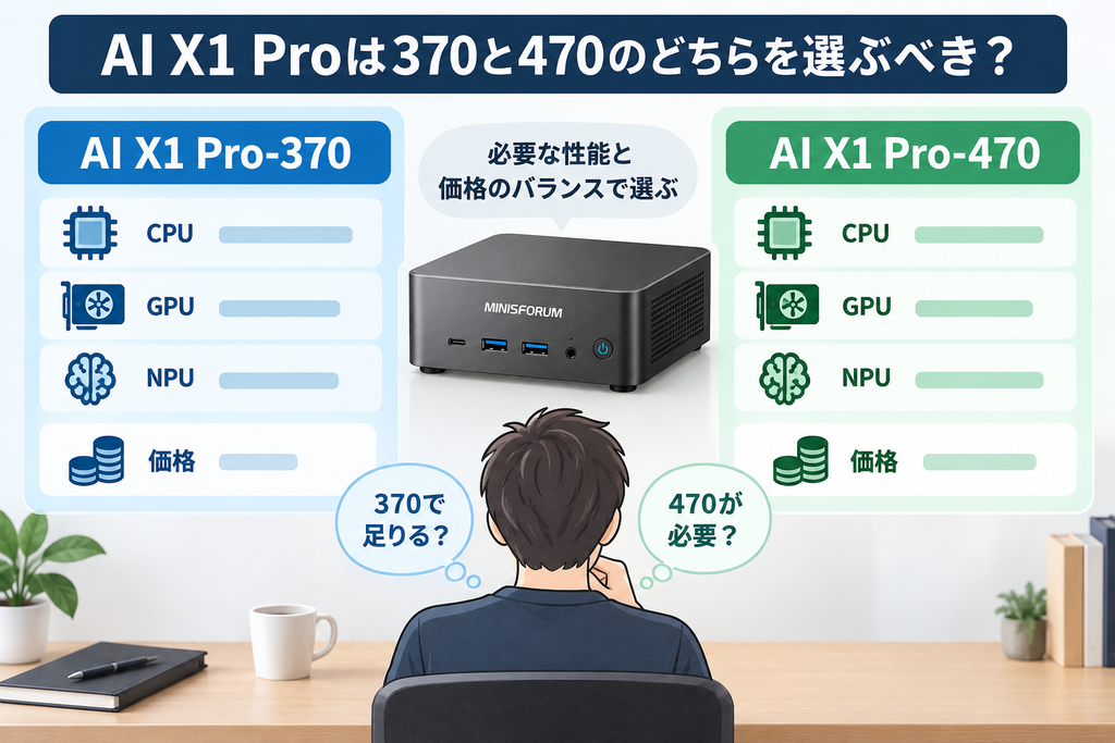AI X1 Pro-370と470を性能差と価格差から選ぶ様子を示した比較図