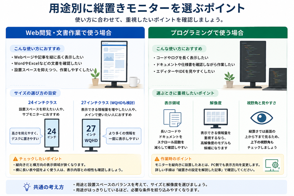 用途別に縦置きモニターを選ぶポイント