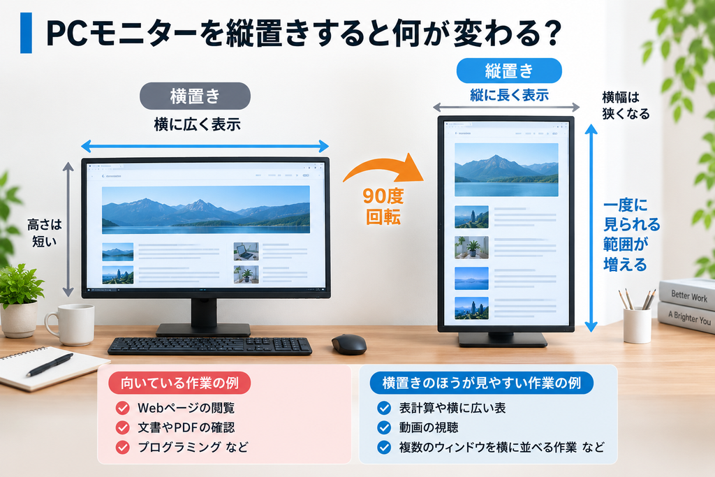 横置きと縦置きでは、同じモニターでも表示できる範囲の形が変わります。縦置きは上下に続く内容を一度に確認しやすいのが特徴です。