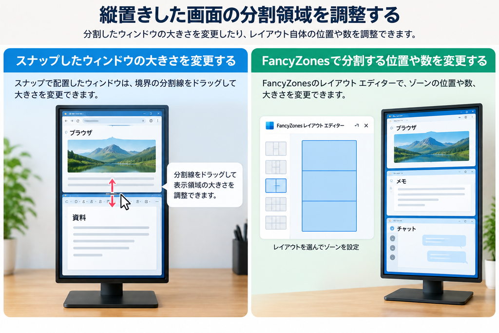 スナップではウィンドウの境界を動かして表示領域を調整でき、FancyZonesではレイアウトエディターから分割する位置や数を変更できます。