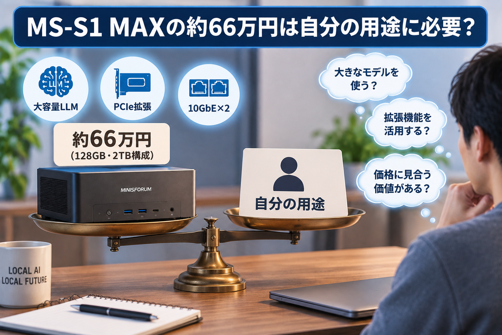 MS-S1 MAXの約66万円という価格と用途を比較して購入を判断するイメージ