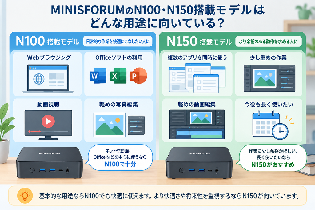 MINISFORUMのN100・N150搭載モデルでWeb閲覧や動画視聴などの用途を示した図