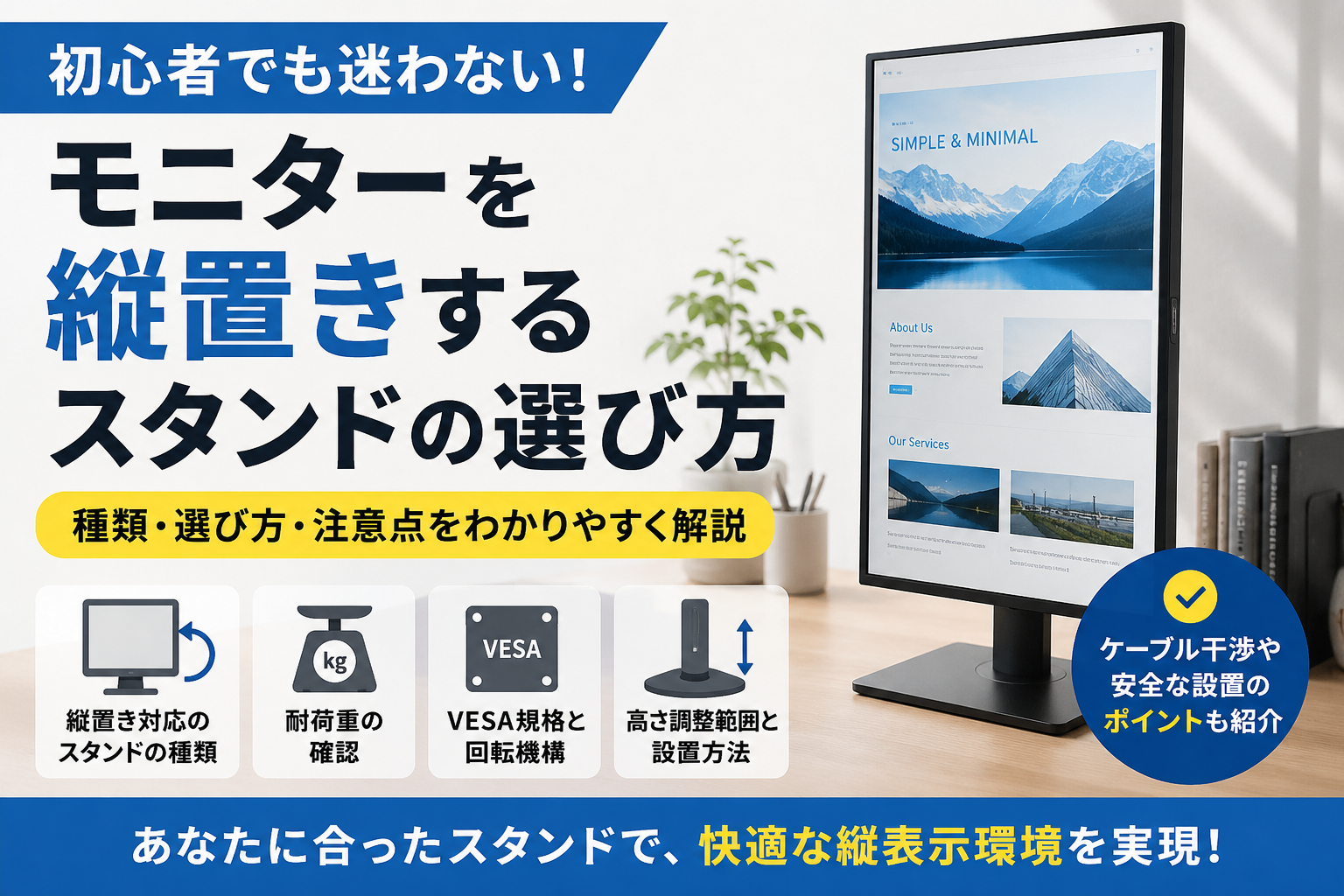 モニターを縦置きできるスタンドの選び方！VESA規格や耐荷重・設置時の注意点を解説