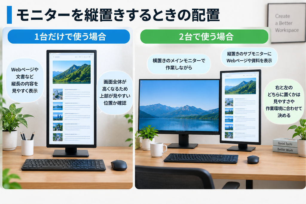 モニターは1台だけ縦置きする方法と、横置きのメインモニターと組み合わせる方法があります。よく見る画面や作業内容に合わせて配置を考えるのがポイントです。