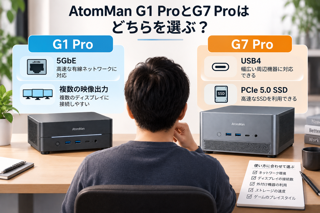 G1 Proの5GbEと複数映像出力、G7 ProのUSB4とPCIe 5.0 SSDを比較した選び方の図