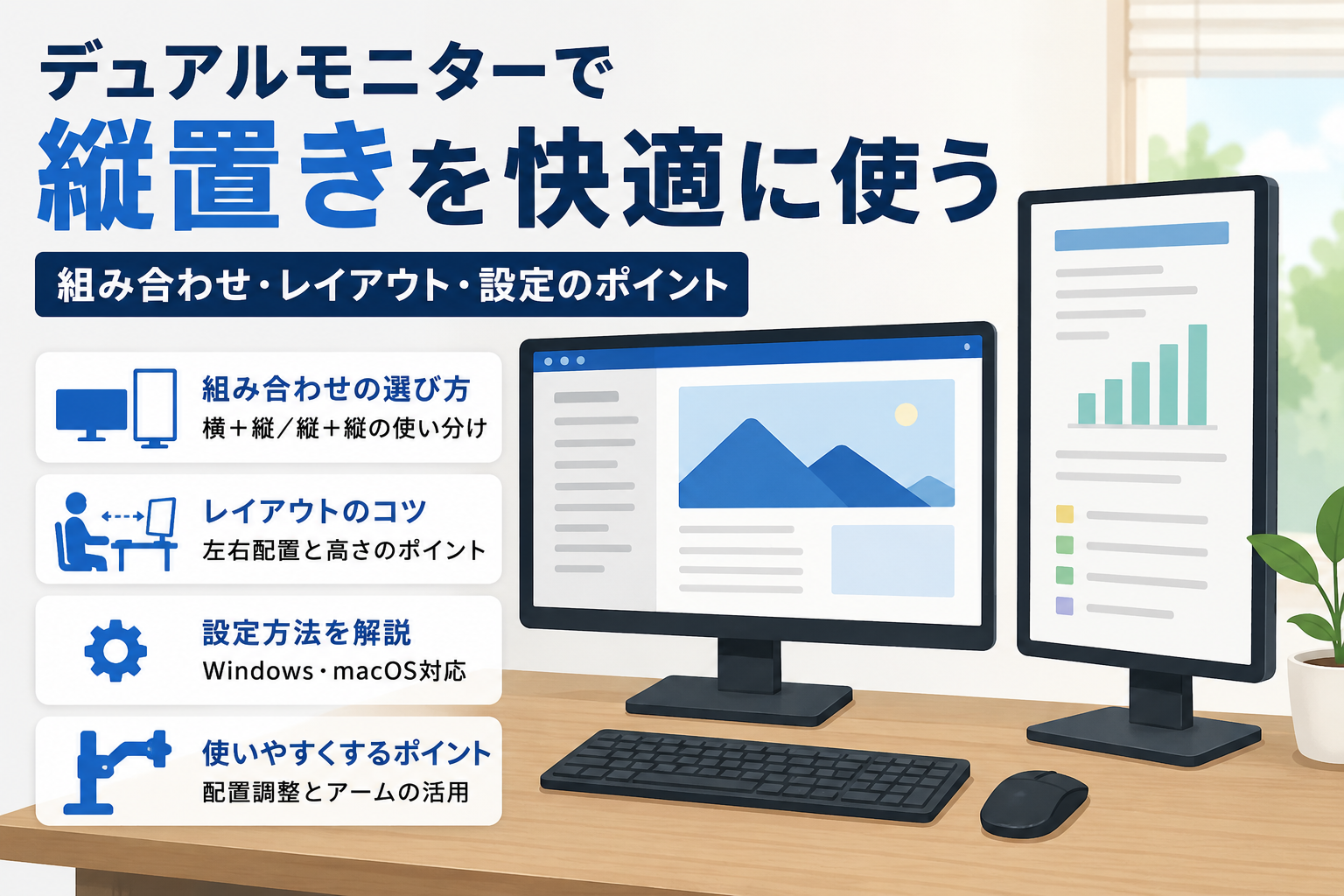 デュアルモニターで縦置きする方法｜画面の配置・設定と組み合わせ方をわかりやすく解説