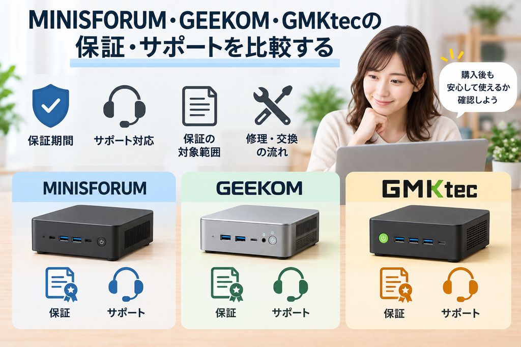 MINISFORUM、GEEKOM、GMKtecの保証期間やサポート、修理・交換条件を比較するイメージ