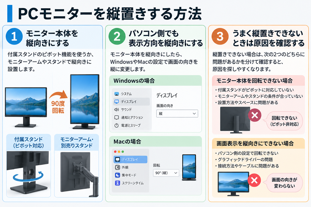 PCモニターを縦置きするには、モニター本体を縦向きにしたうえで、パソコン側の表示方向も合わせます。うまくできない場合は、本体の設置と表示設定を分けて確認します。