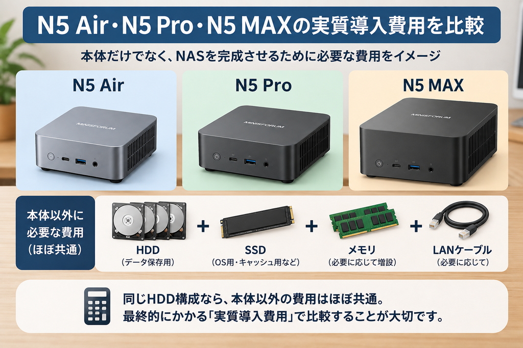 N5 Air・N5 Pro・N5 MAXの本体とNAS構築費用を比較するイメージ