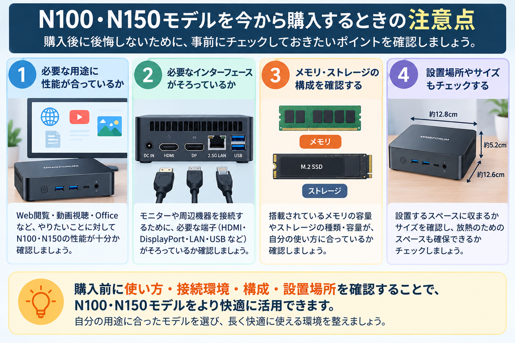MINISFORUMのN100・N150搭載モデルを今から購入するときの注意点を示した図