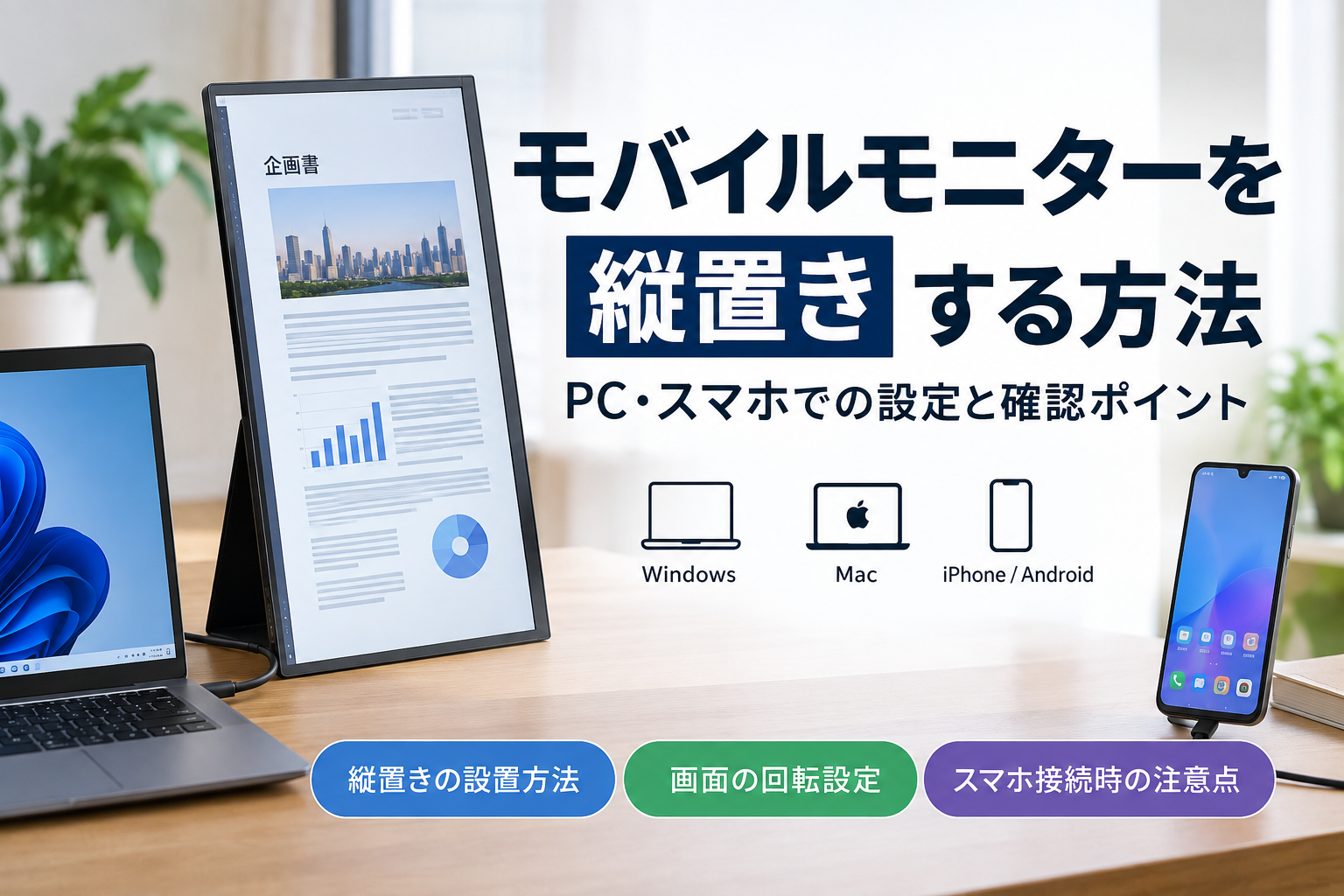 モバイルモニターを縦置きする方法｜PC・スマホで縦表示する設定と確認