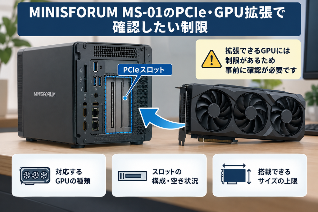 MS-01のPCIeスロットとGPU増設時に確認する制限を示した図