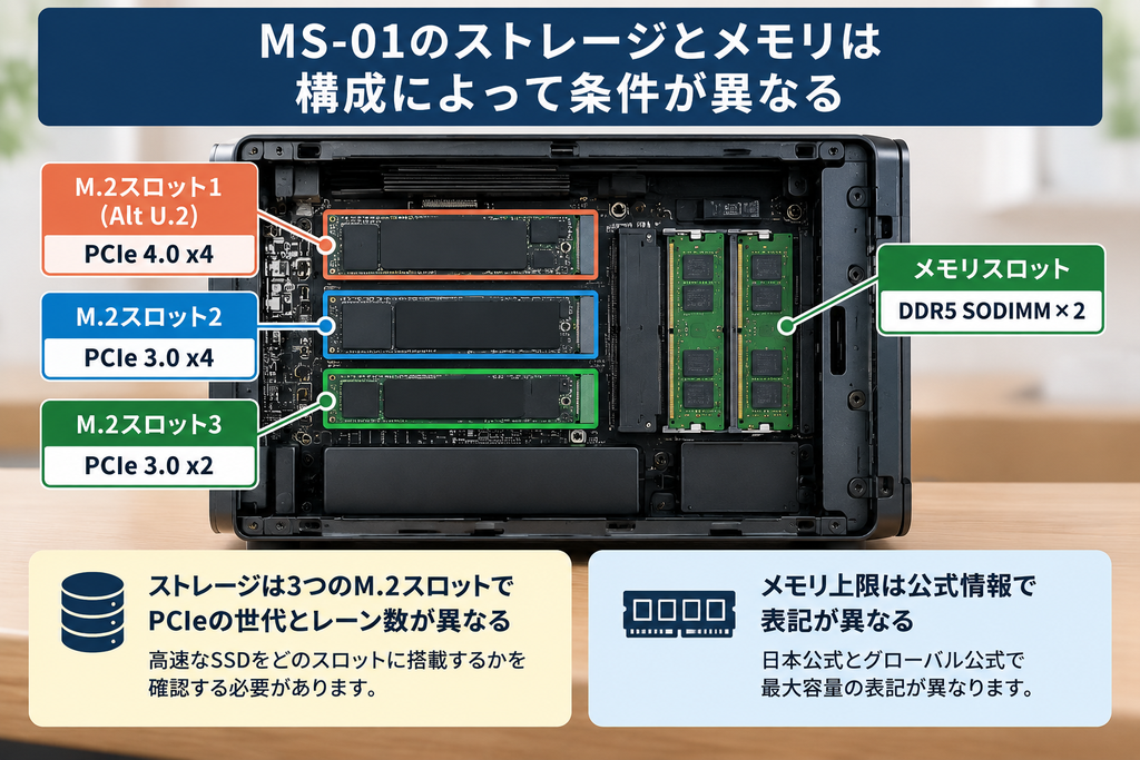 MS-01の3つのM.2スロットとDDR5メモリスロットの違いを示した図