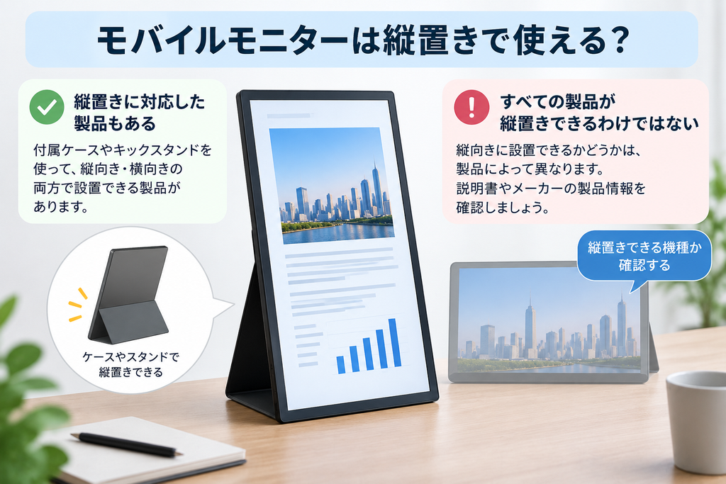 モバイルモニターは製品によって縦置きへの対応が異なるため、ケースやスタンドで縦向きに設置できるかを確認します。