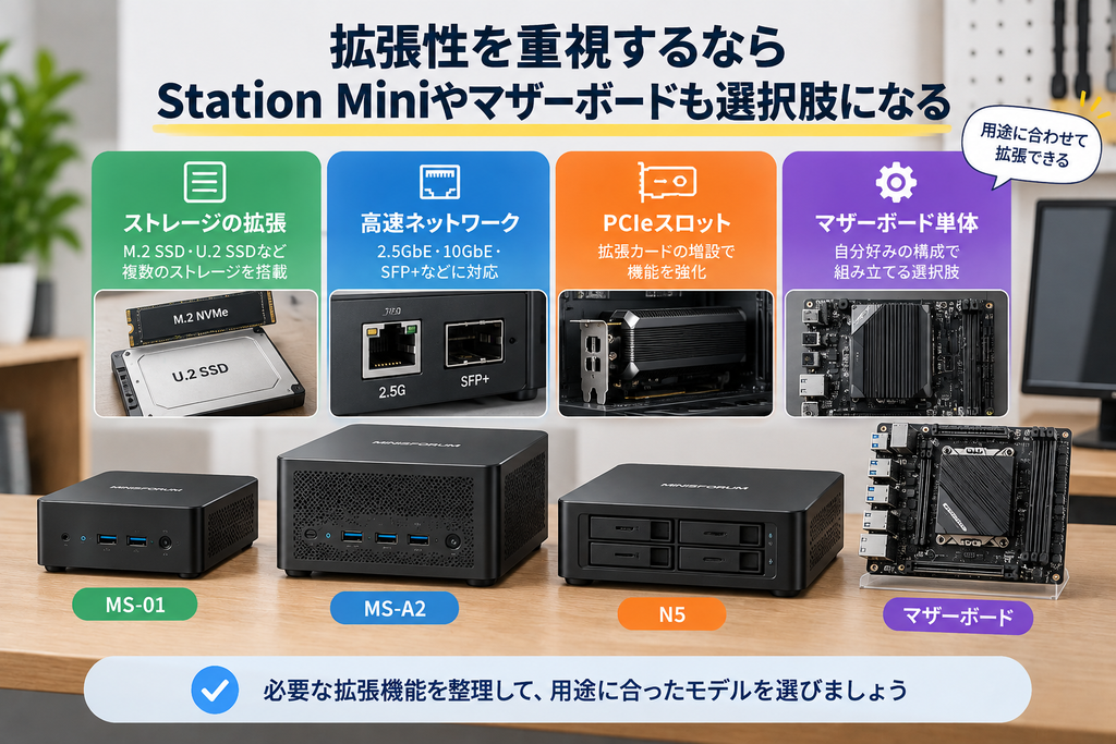 ストレージやネットワーク、PCIeなどMINISFORUMの拡張方法を示した図