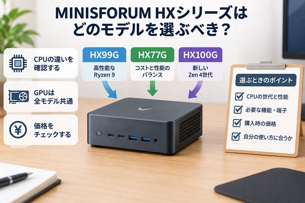 MINISFORUM HXシリーズをCPU世代や価格などから選ぶポイントを整理した図