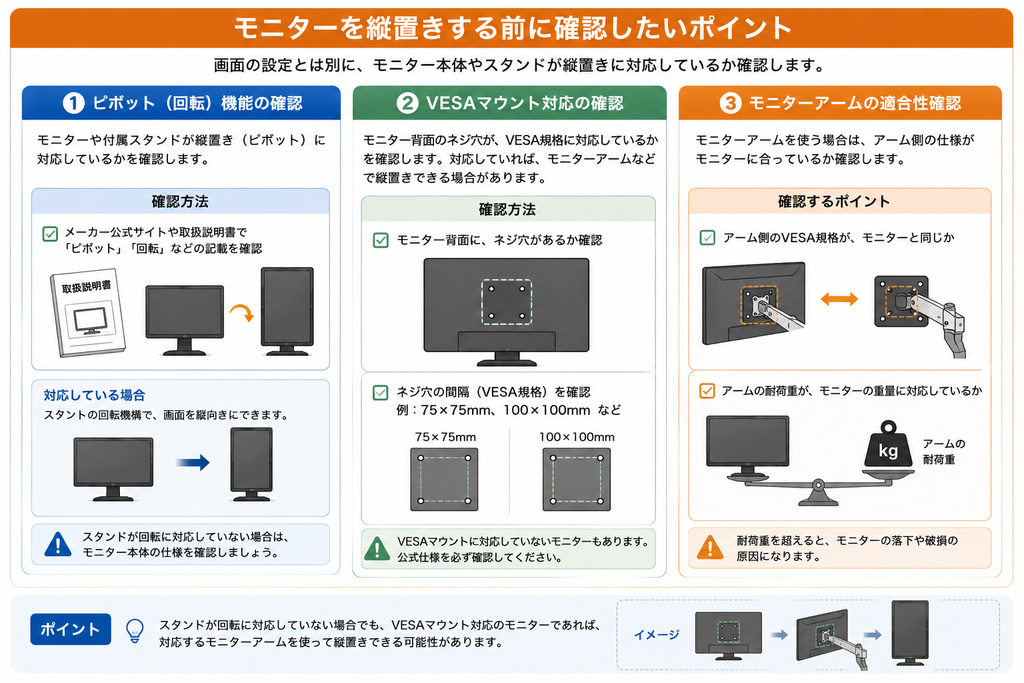 モニターを縦置きするときに確認しておきたいこと