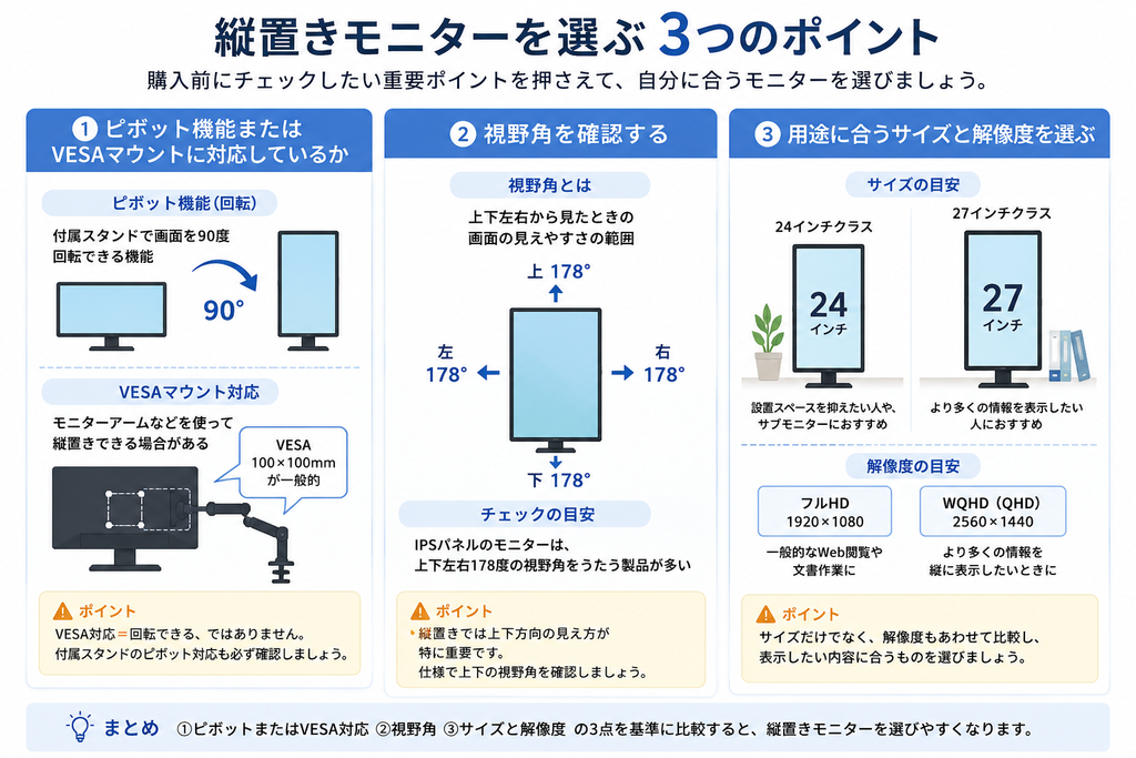 縦置きモニターを選ぶ3つのポイント