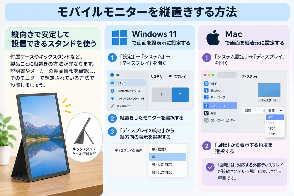 モバイルモニターを縦向きに安定して設置したあと、WindowsやMacのディスプレイ設定で画面の向きを縦表示に合わせます。