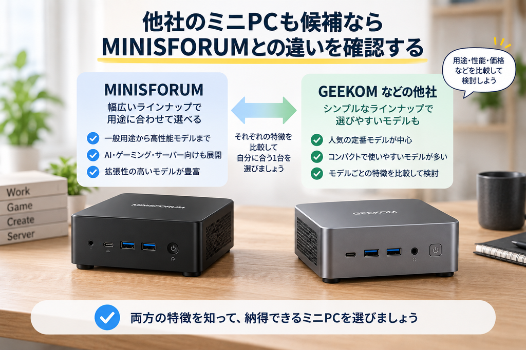 MINISFORUMと他社のミニPCを比較して選ぶイメージ