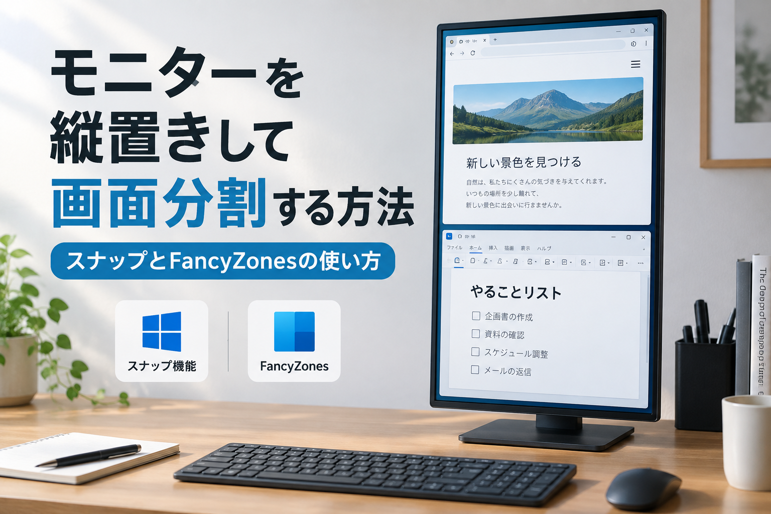 モニターを縦置きして画面分割する方法｜スナップとFancyZonesの使い方