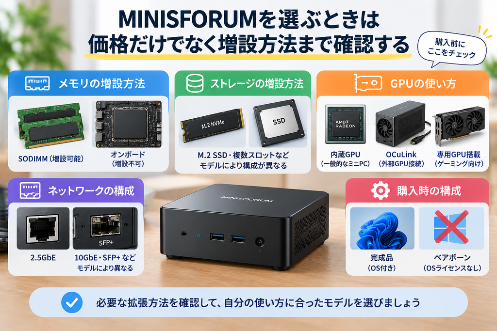 メモリやストレージ、GPU、ネットワークなどの増設方法を比較した図