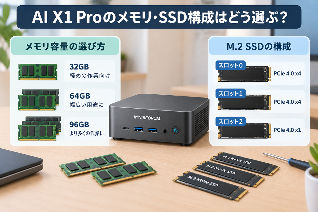 AI X1 Proの32GB・64GB・96GBメモリと3基のM.2 SSD構成を示した図
