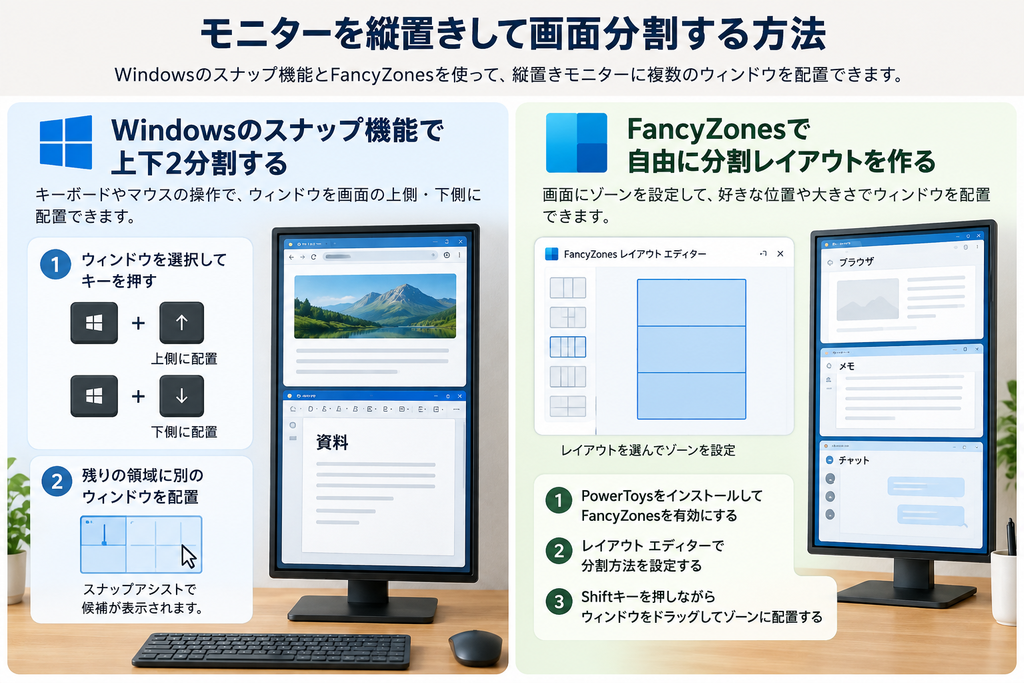 Windows標準のスナップ機能とFancyZonesでは、縦置きモニターを上下2分割したり、複数の領域に分けてウィンドウを配置したりできます。